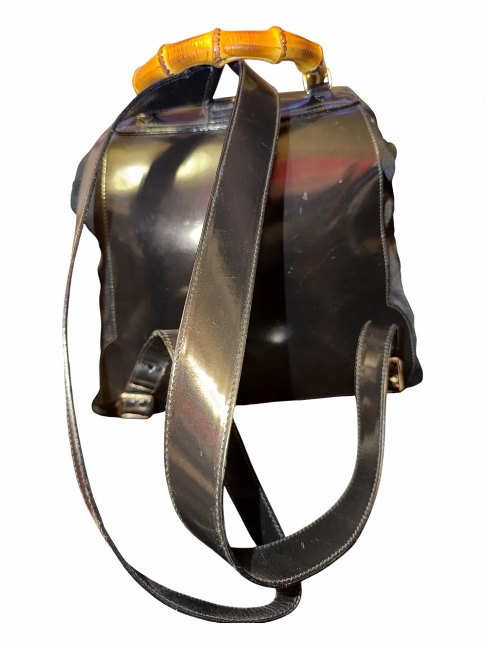 Authentic Gucci Vintage Bamboo Twin Pocket Nylon Backpack Black - Picture 6 of 8